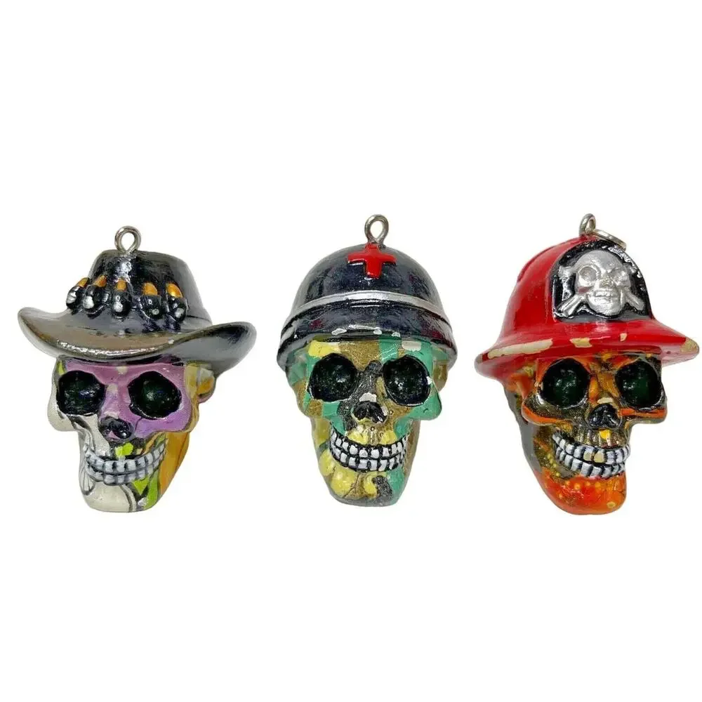 Lot of 3 Skull Head Keychain Rings 3D Skeleton Biker Death Skulls Gothic Charms